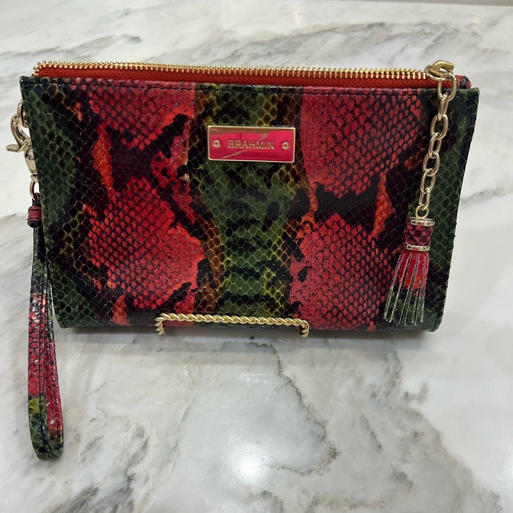 NWoT Brahmin wristlet, bold snakeskin in red, green & black, never used!